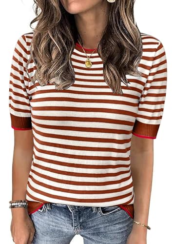 Image of Womens Tops Summer Short Sleeve Shirts Striped Sweater Cute Casual Top Trendy Women Clothing Crewneck Knit Blouses