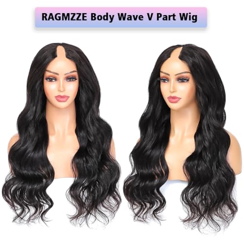 Image of V Part Wig Human Hair Body Wave Upgrade U Part Human Hair Wig 180 Density No Leave Out Glueless Clip In Half Wig Human Hair for Women Natural Black 26 Inch