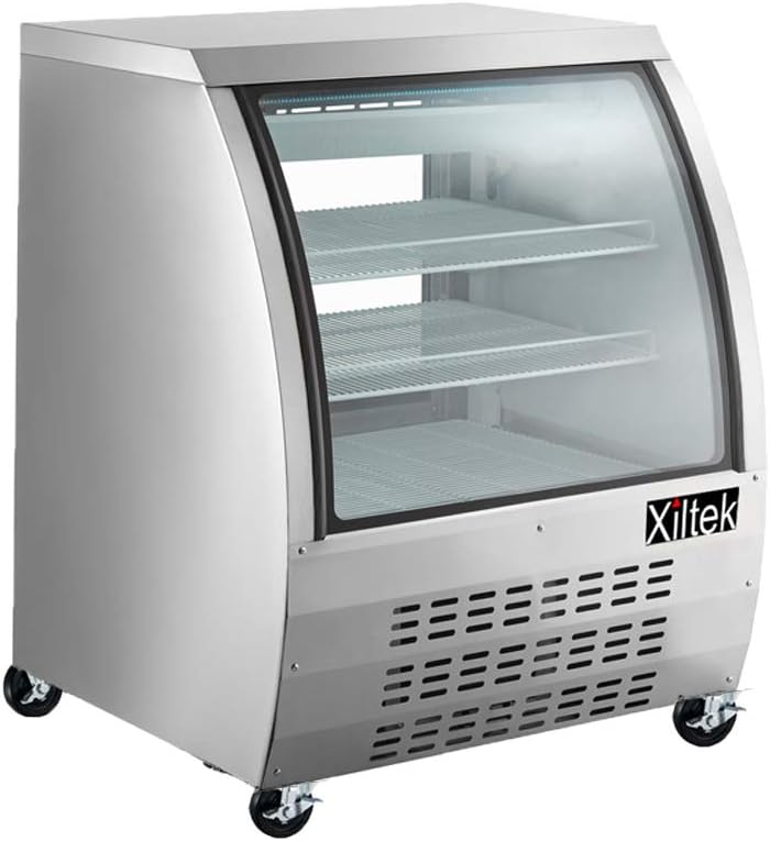 Xiltek 36" All Stainless Steel Deli Display Case with LED Lighting, Curved Glass Refrigerated Meat and Seafood Showcase, Bakery Case and Casters