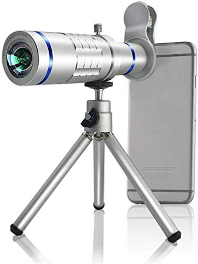 Universal Clip-on Phone Telescope Lens Attachment Camera Photography Kits Flexible 18X Monocular Telephoto Lens with Tripod Bag Cleaning Cloth for iPhone X 8 7 6 Plus Samsung Smartphone (Sliver)