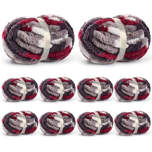 Image of 10 Pack Jumbo Chunky Yarn for Hand Knitting, Fluffy Chunky Chenille Yarn for Crocheting, Variegated Chunky Knit Baby Blanket Yarn, 240 yds /70.5 oz Super Bulky Yarn（White-Grey-Wine Red ）