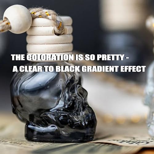 Image of 7 Pcs 8ml Hanging Car Air Freshener Diffuser,Empty Black Gradient Glass Essential Diffuser Oil Aromatherapy Fragrance Perfume Pendant Glass Vials with Wooden Caps (Skull, 8ml)