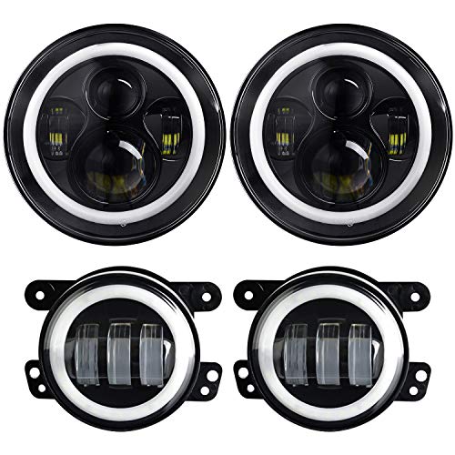 Dot Approved 7 inch Headlights DRL Amber Turn Signal + 4 inch Fog Lights with White DRL Halo Angle Eye for 1997-2018 Wrangler JK TJ LJ JKU Rubicon (Headlights/Fog Lights for Wrangler)