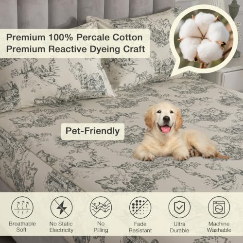 Image of French Country Vintage Toile Percale Sheets Queen Size Deep Pocket | 100% Cotton Cream Beige Sheet Set, Neutral Floral Farmhouse Bed Sheets, Shabby Chic Cottage Bedding, Botanical Printed, 4Pcs