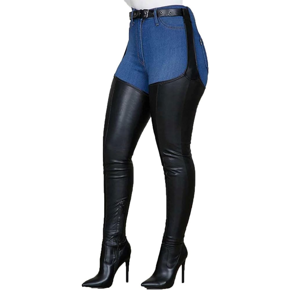 Botas por encima de la rodilla elásticas de cuero de PU para mujer Botas altas hasta el muslo Botas largas con cremallera sexy Zapato puntiagudo con cinturón ajustable muslo/Black/41EU