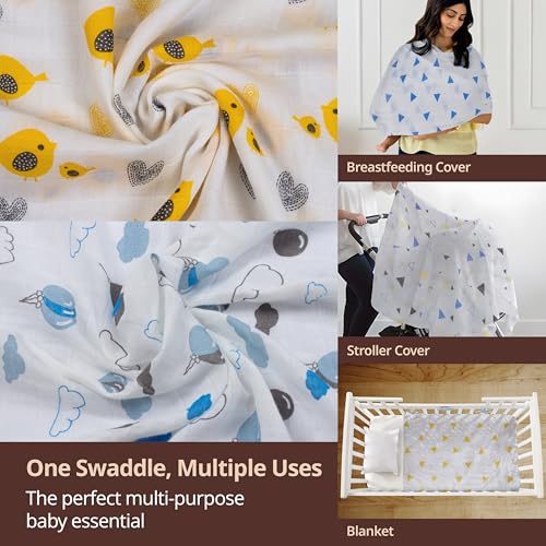 Image of LuvLap 100% Cotton Muslin Baby Swaddle Set, Baby Towel, Size-120cm x 100cm (47 inchx39 inch), Triangles Birds & Balloons Printed on White, Printed Mulmal Muslin Swaddle Wrap for New Born, Pack of 15
