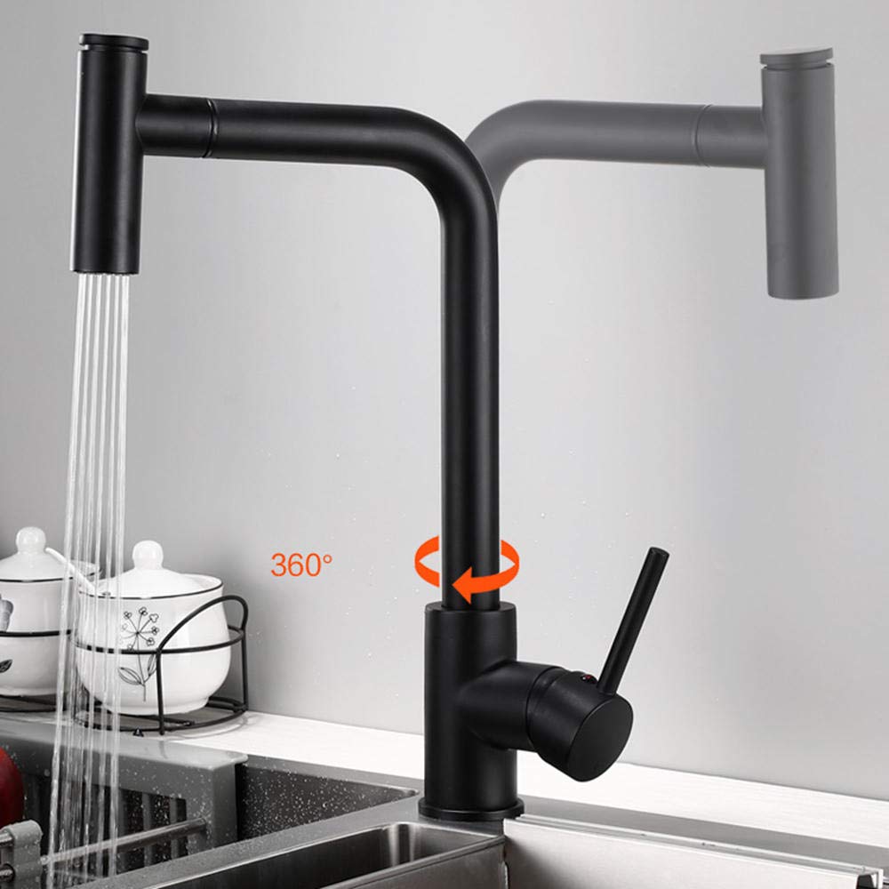 grifo cocina extraible negro con ducha, 2 Modos, Mezclador cocina para fregadero 360°Giratorio Monomando 304acero inoxidable fria y caliente, Grifería-negroA