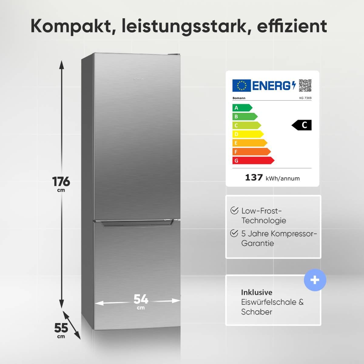 Bomann KG 7369 Kühlschrank mit Gefrierfach Energieklasse C 176cm LowFrost Kühl Gefrierkombination silber