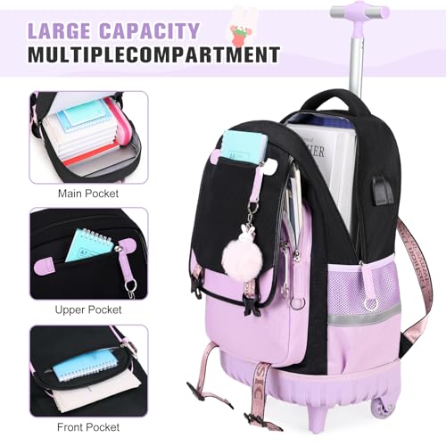 Bevalsa Rolling Backpack for Girls, 3PCS Roller School Backpacks with Lunch Box & Pen Case, Kids Bookbag Schoolbag with Wheels for Teen Girl Kindergarten Elementary Middle School3