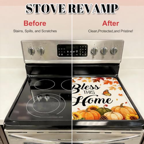 Image of Bless This Home Stove Top Cover for Electric Stove 28 inch x 20 inch, Christian Cross Glass Cooktop Protector, Sunflower Pumpkin Stove Cover, Rubber Countertop Mat, Thanksgiving Farmhouse Kitchen Decor