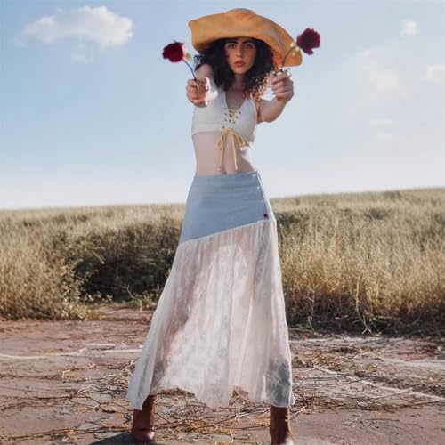 Women's Gentle Style Low Waist Buckle Denim Patchwork lace A-line Skirt Slimming Long Skirt2