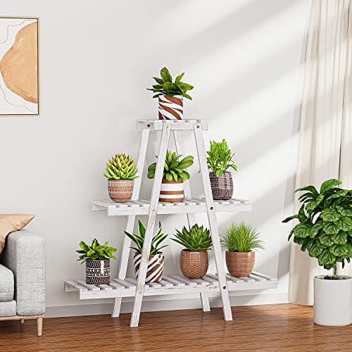 Potey 3 Tier Wood Plant Stand, Ladder Plant Stand Tiered Plant Shelf For Multiple Plants, Indoor & Outdoor Flower Pots Brown #TOP3