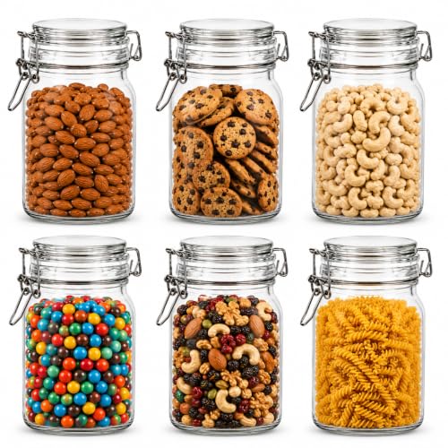 Image of Vasukie 1000ML Glass Jars With Airtight Leak Proof Lids | Wide Mouth Storage Canister Jars Perfect for Kitchen Canning, Dry Food, Spices, Pickle, Coffee, Tea, Snacks, Sugar, and More (Pack of 6)