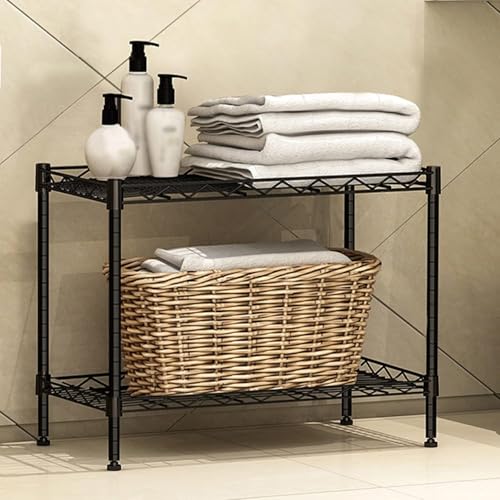 Image of Premium Heavy-Duty 2-Tier Black Metal Wire Storage Rack Shelf Organizer | Adjustable Multipurpose Freestanding Shelving Unit for Home, Office, Kitchen | Size 17 inch D x 27 inch W x 24 inch H Inch