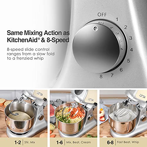 Die-Cast-Stand-Mixer-8-Speeds-600W-Food-Stand-Mixer-55Qt-Tilt-Head-Kitchen-Mixer-Dishwasher-Safe-Stainless-Steel-Mixing-Bowl-Dough-Hook-Egg-Whisk-Mixer-Beater-Splash-Guard-Almond-Cream