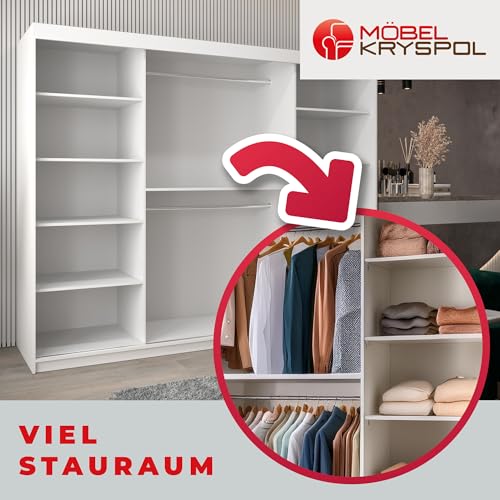 MEBLE KRYSPOL Kleiderschrank mit Spiegel Verona 2 - Garderobenschrank - Schrank Schlafzimmer - Mehrzweckschrank DREI Schiebetüren - Regalen - Flur Möbel - Kleiderstange Schrank - Allzweckschrank