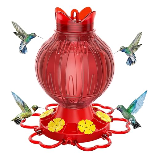Hummingbird Feeders for Outdoors Hanging with Leak-Proof Base - 28oz Large Capacity Shatter-Resistant Hummingbird Feeder, Bottom Fill Wide Mouth Design & Ant/Bee Guards - Garden Decor (Red)
