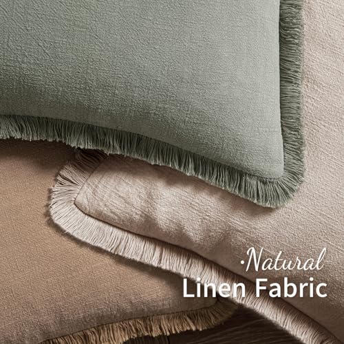 Image of MIULEE Decorative Throw Pillow Covers Neutral Linen Fringe Throw Pillows Set of 2 Natural Linen Boho Farmhouse Cushion Covers with Tassels for Couch Sofa Bed Spring Home Decor 18x18 Inch
