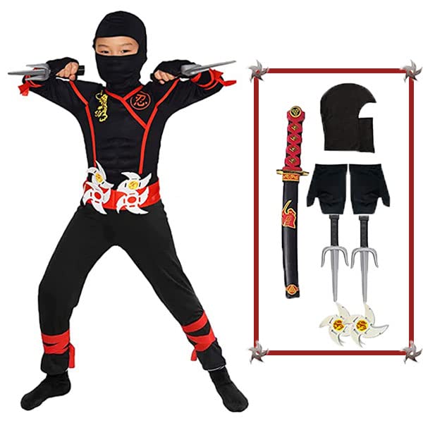 skyllc Ninja Costume Enfants, Garçons Ninja Cosplay Ensemble avec Gants Fléchettes baïonnette pour Jeu de Rôle Halloween Fête de Noël Carnaval, Taille S