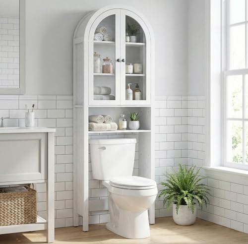 Arched Over The Toilet Storage Cabinet with Acrylic Doors, 4 Tier Small Bathroom Shelf Organizer, Arched Bathroom Cabinet with Adjustable Shelf, Slim Narrow Toilet Rack, Wood, White