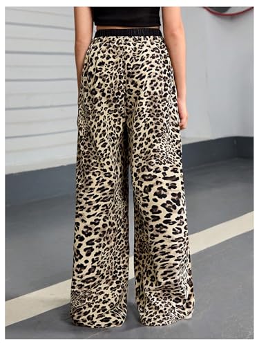 Image of Floerns Girl's Leopard Print Patched Drawstring Waist Wide Leg Y2k Pants
