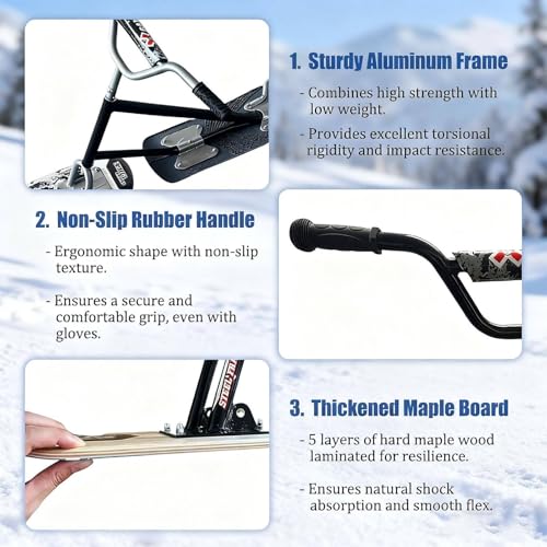 Luge à neige double pour adultes et adolescents, ski arrière rotatif à 360 degrés, cadre en aluminium avec bois d'érable, pour les sentiers damés et les aventures en arrière-pays
