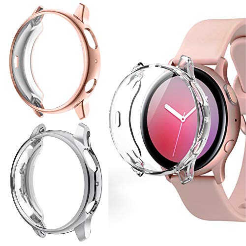 3 Pack Case for Samsung Galaxy Watch Active 2 40mm 44mm, Full Around Protection Cover, Flexible TPU Anti-Scratch Bumper, Screen Protector (RoseGold/Silver/Crystal Clear), 44mm