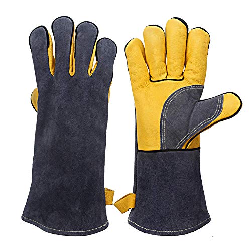 Kim Yuan Extreme Heat/Fire Resistant Gloves Leather With Kevlar Stitching, Mitts Perfect For Welding/Oven/Grill/Bbq/Mig/Fireplace/Stove/Pot Holder/Tig Welder/Animal Handling, (14In-Greay) #TOP29