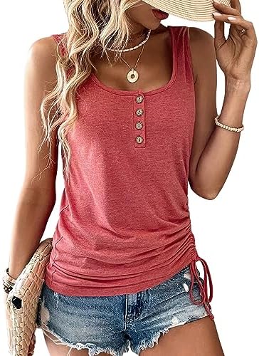 Womens U Neck Tank Tops Summer Sleeveless Loose Button Casual Henley Shirts