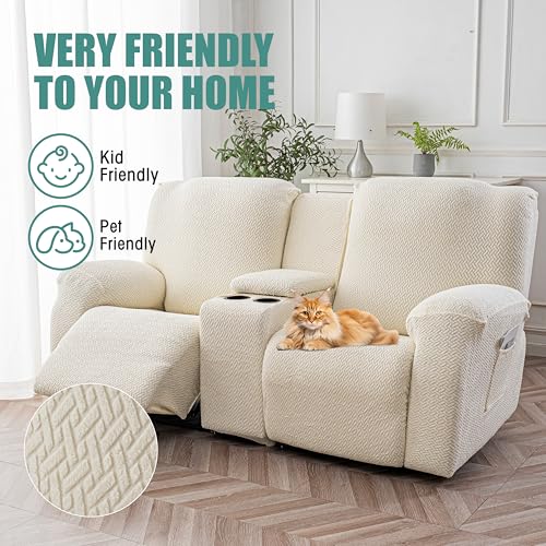 Image of Genina Recliner Loveseat Covers with Console, Stretch Reclining Sofa Covers, 2 Seater Couch Cushion Stripe Jacquard Recliner Slipcovers - Furniture Protector Covers for Pet Kid (Beige)