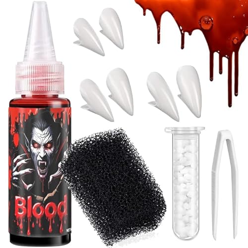 Halloween Fake Teeth Set with 3 Pairs Vampire Fangs, Fake Blood Kit & Zombie Makeup for Horror Parties, Cosplay & Spooky Costumes