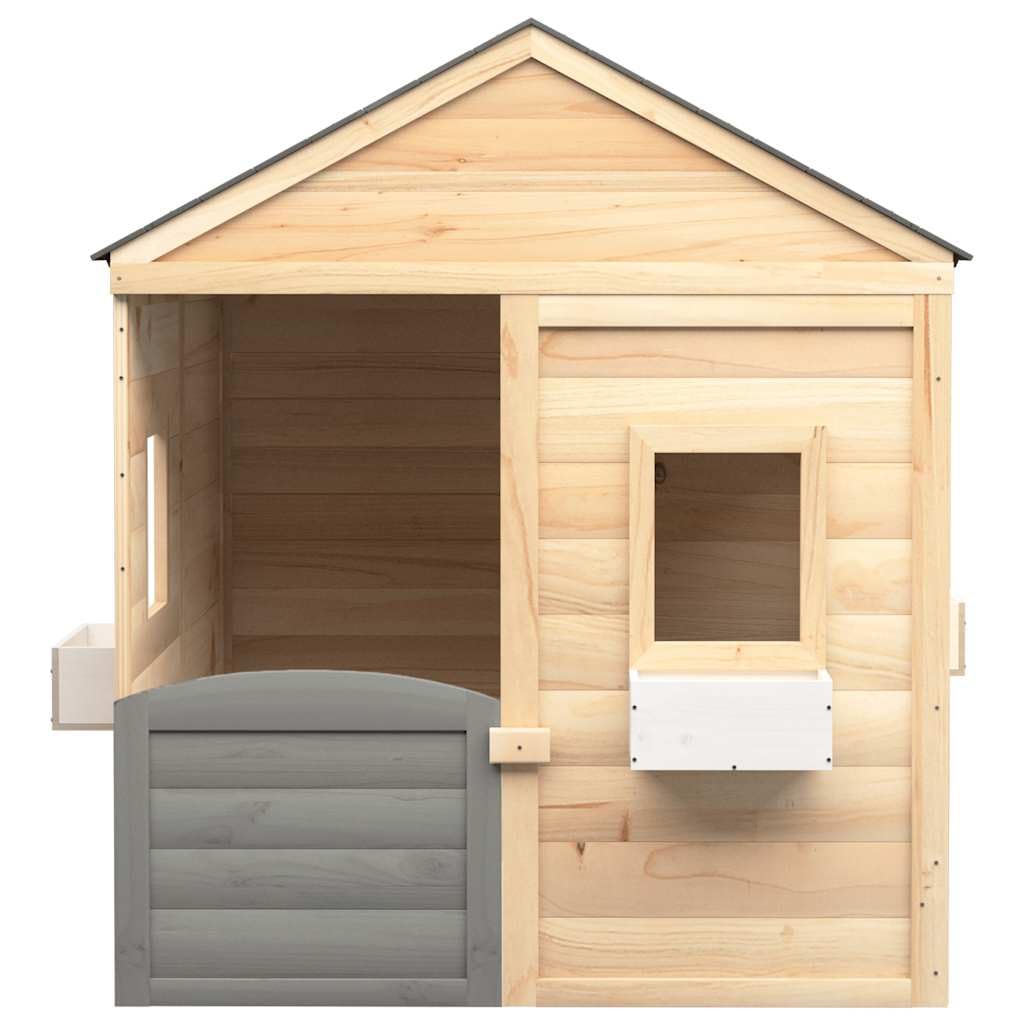 Casetta giocattolo da giardino in legno di abete massiccio con porta richiudibile, finestre aperte e 2 vasi per fiori per giochi di ruolo creativi all'aperto