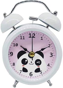 Monique 3in Panda Pattern Loud Twin Bell Alarm Clock Silent Analog Quartz Nightlight Clock