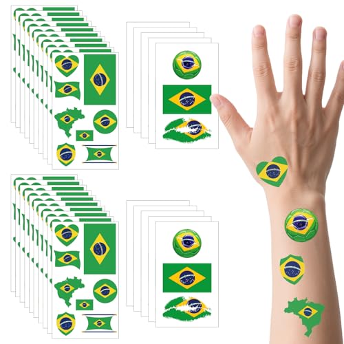 190 tatuajes de bandera brasileña (30 hojas), tatuajes temporales impermeables para el sudor de Brasil, pegatinas extraíbles para tatuajes faciales con bandera nacional deportiva para hombres y