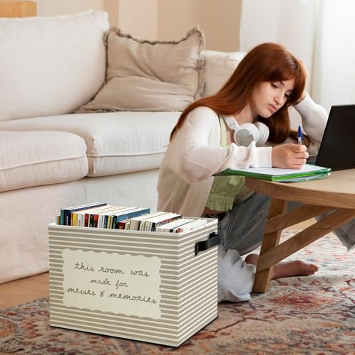 Image of Funny Kids Playroom Storage Bins Box with Handles, This Room Was Made for Messes and Memories Striped Collapsible Basket Organizer for Kids Room Bedroom Playroom Bathroom Books Clothes