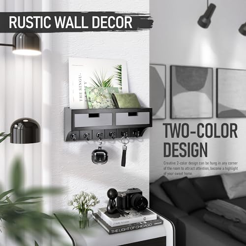 Rebee Vision Key Holder Wall Mount with 2 Organizer Drawers : Decorative Mail Organizer for Wall with 6 Key Hooks and Small Wall Shelf - Modern Aesthetic Room Decor (Black & Gray) by Rebee Vision - Image 2