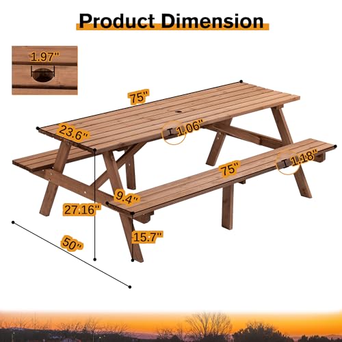 QUAWIP 75\" Rectangular Picnic Table for Outdoors,8 Person Brown Wooden Picnic Table, Outdoor Camping Dining Tables with 2 Seats DIY with 2 Built-in Benches for Garden Courtyard BBQ,2220lb Capacity