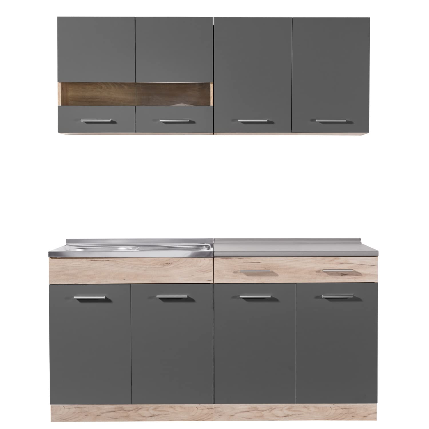 Homestyle4u Küchenzeile 160 cm ohne Geräte - Grau Eiche | Küchenblock mit Hängeschränken & Glasfronten, Singleküche, Miniküche, Einbauküche erweiterbar