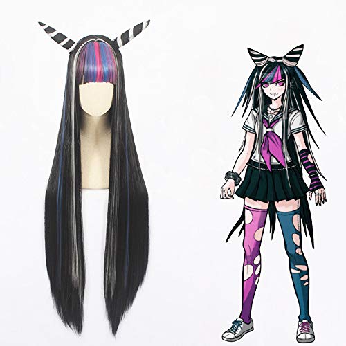 Topcosplay Ibuki Mioda Cosplay Perruque de Danganronpa Longue Noire Perruque Anime Perruque pour Halloween Carnaval Fête