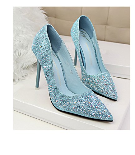 Sapato feminino Gaorui bico fino strass salto alto fino plataforma stiletto, Prata, 6.5
