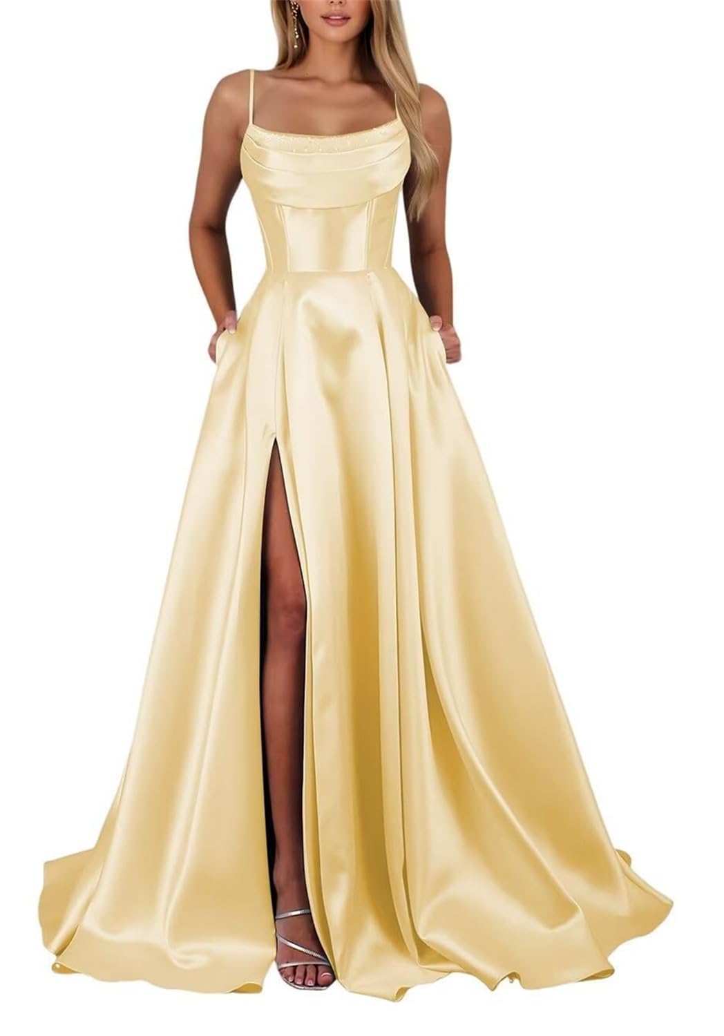 KIYNE Yellow Satin Prom Dresses with Slit for Women Sleeveless A Line Ball Gown Corset Formal Evening Dress UK14