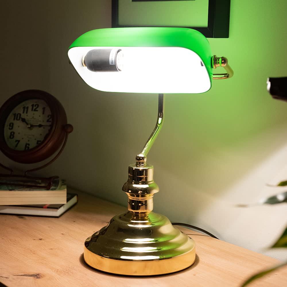 Lampada Da Tavolo Stile Banchiere, Globo Nostalgia, Ottone E Paralume Verde, Attacco E27, 60W Max, 25x19x36 Cm