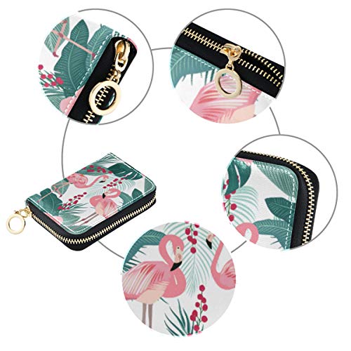 MOYYO RFID Credit Card Holder Case Tropical Palm Leaves Beautiful Flamingo Leather Printed Zipper Card Case Wallet for Women Girls3