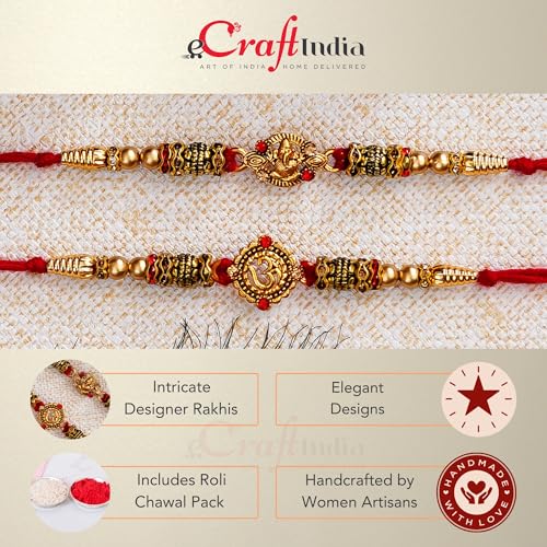 Image of eCraftIndia Set of 2 Designer Rakhi for Brother with Best Bro Ever Fridge Magnet & Roli Chawal Pack | Raksha Bandhan Rakhi Combo for Bhaiya Bhai | Traditional Decorative Festive Thread Set