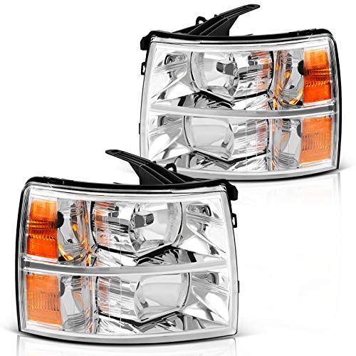 DWVO Headlights Assembly Compatible with 2007-2013 Chevy Silverado 1500/2007-2014 Chevrolet Silverado 2500HD 3500HD Replacement Headlamp Chrome Housing Amber Reflector