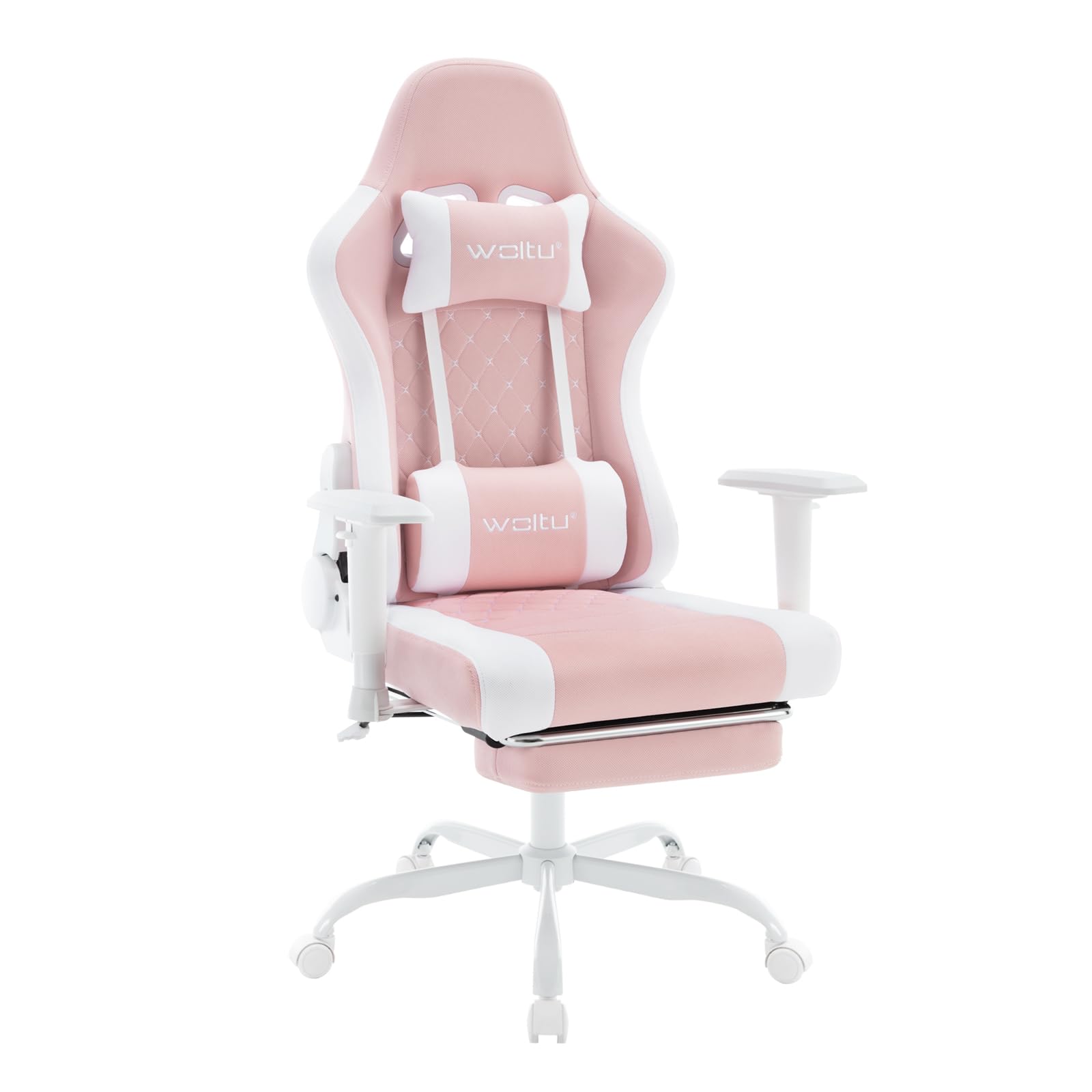 WOLTU Silla Gaming con Masajeador, Silla Ergonómica Oficina, Silla Escritorio con Reposacabezas, y Soporte Lumbar, Sillon Gaming Reclinable, Asiento Ancho, 150 kg, Tela de Malla, Rosa+Blanco, GS14rsw