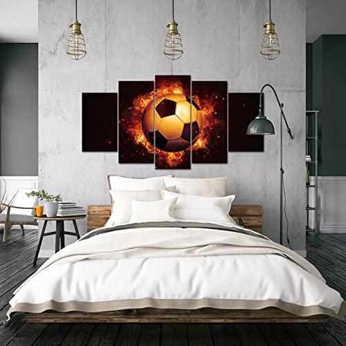 Iknow Foto Large 5Pcs Soccer Wall Art Canvas Pictures Ball On Fire Cool Sports Art Prints Posters Artwork For Kids Boys Room Nursery Decor 60X32Inch #TOP4