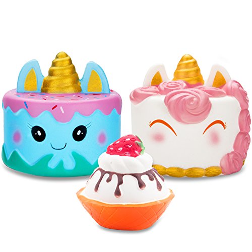 BeYumi Squishy Spielzeug 3 Stücke -Narwhal+Einhorn+Kuchen langsamer Aufstieg Spielzeug Sahne-Geschmack lieb und Weich für Jungen Mädchen Kids als Geburtstagsgeschenk Sammeln Geschenke