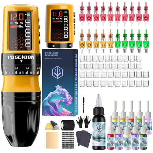 POSEIDON Cordless Rotary Tattoo Machine Kit with 20 Tattoo Cartridge Needles, Ink Set & 2 Rechargeable Batteries | Professional Portable Tattoo Gun for Beginners | Complete Starter Supplies(HM158)