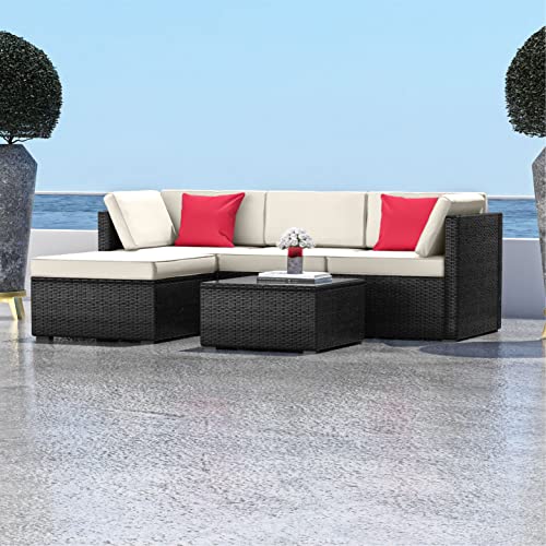 Nestl Outdoor Patio Furniture Sectional, Black Base/Off White Cushions
